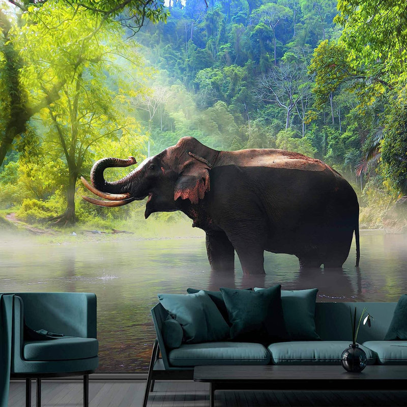 Éléphant dans l'eau, peinture murale, L 100 po x l 144 po