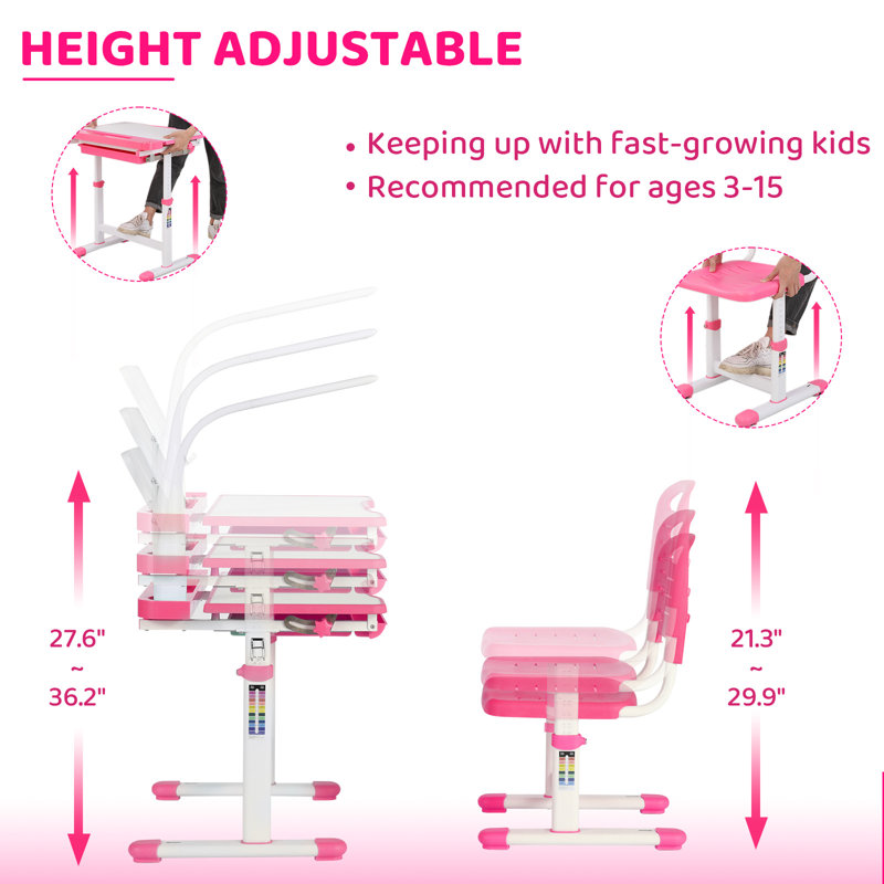 Pink Adjustable Height Kids Desk and Chair Set with Storage Drawer