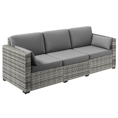 Outsunny Wicker Patio Couch, PE Rattan 3-Seat Sofa, Outdoor Furniture With Deep Seating, Cushions, Steel Frame, Gray