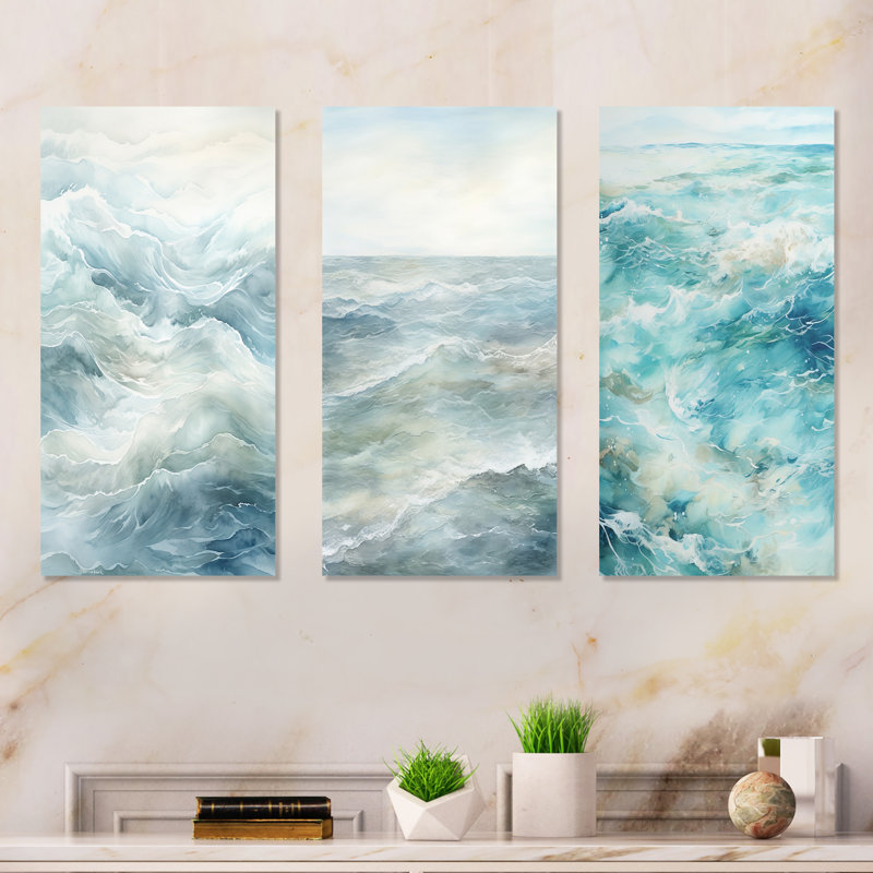 Ocean Minimal Waves Charm - Ocean Metal Prints Set Of 3, H 28 po x l 36 po