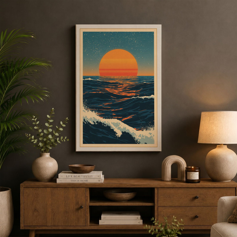 Sun Over Waves Coastal - Wrapped Canvas, 18x12 - 45.7 x 30.5 cm, Terracotta Border