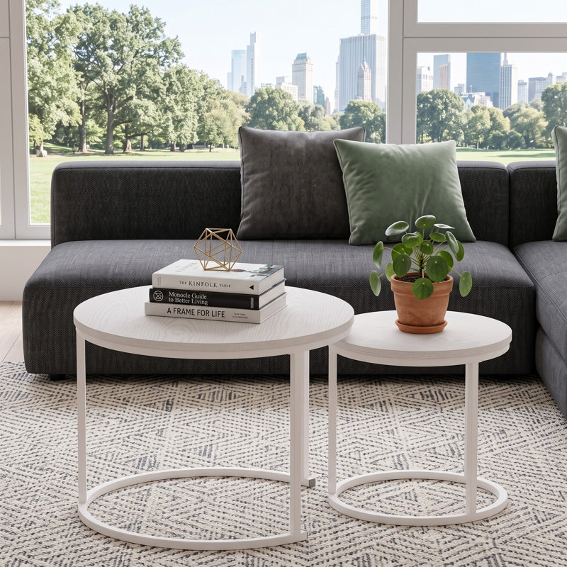 Table basse gigogne, ensemble de 2 tables basses rondes de 23,6 po, ensemble de tables gigognes en bois avec structure en métal, tables d'appoint pour le salon, la chambre et le balcon, blanc