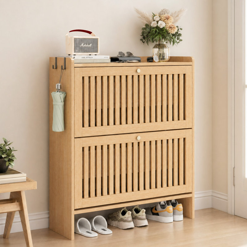 Armoire de rangement pour chaussures 16 paires avec 2 tiroirs rabattables et tablettes réglables, Bois naturel