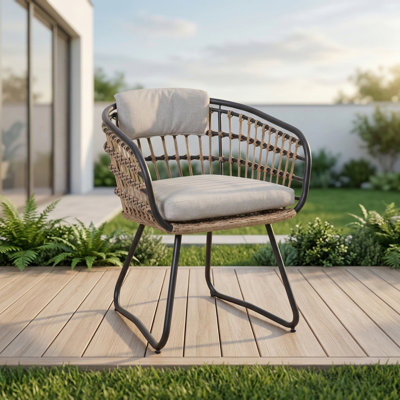 Set of Two Outdoor Wicker Dining Armchairs with Cushions, Crafted from Rattan, Suitable for Lawns, Gardens, Poolside Areas, Backyards, and Porches - Beige