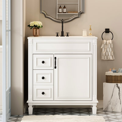 Modern 30" Bathroom Vanity With Ceramic Sink, Retro Button - Shaped Handles, And Adjustable Shelf Practical For Small Bathrooms 30 Inches Type Ideal Spaces
