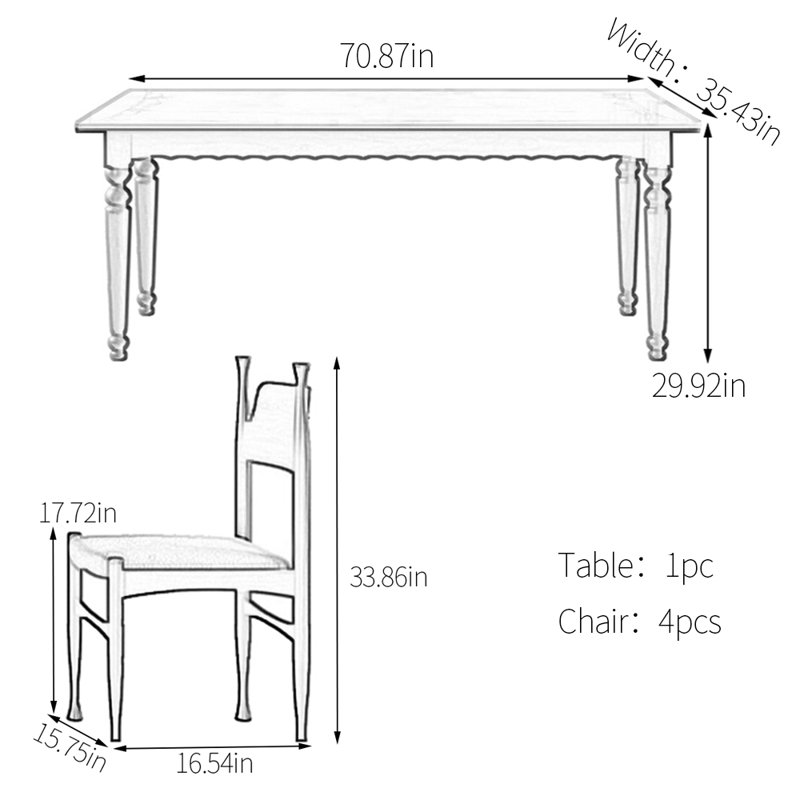 Retro rectangular utility dining table set, 29.92"H x 70.87"L x 35.43"W