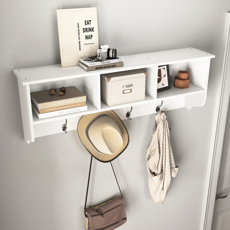 White Wooden Coat Rack With 4 Hooks And Compact Storage Shelf For Entryway Functional Home Entry, White