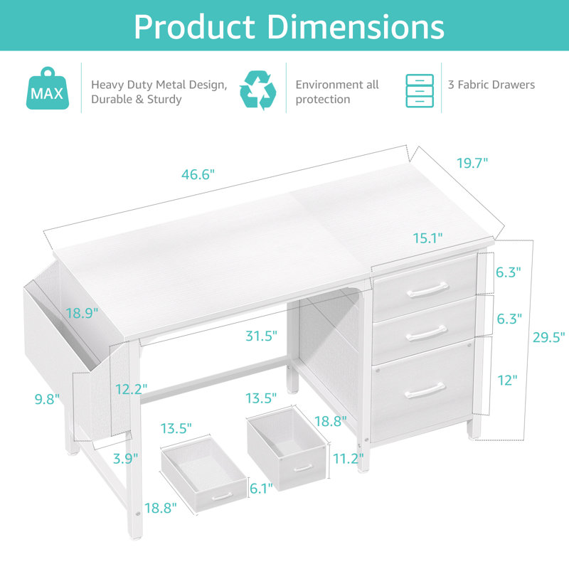 Bureau d'ordinateur avec tiroirs Bureau rectangulaire, Blanc, H 29,5 po x l 46,6 po x P 19,7 po