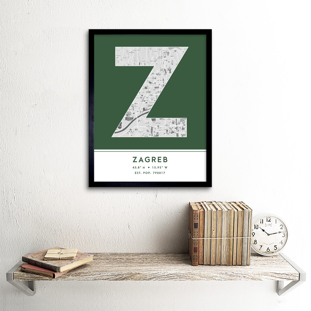 Zagreb City Map Zagreb Green by Wee Blue Coo - Single Picture Frame Typography