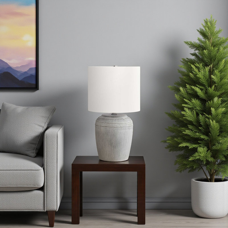 Keagan Standard Metal Table Lamp in Gray Ceramic and Ivory Shade, 16.79'' H X 9.37'' W X 9.37'' D
