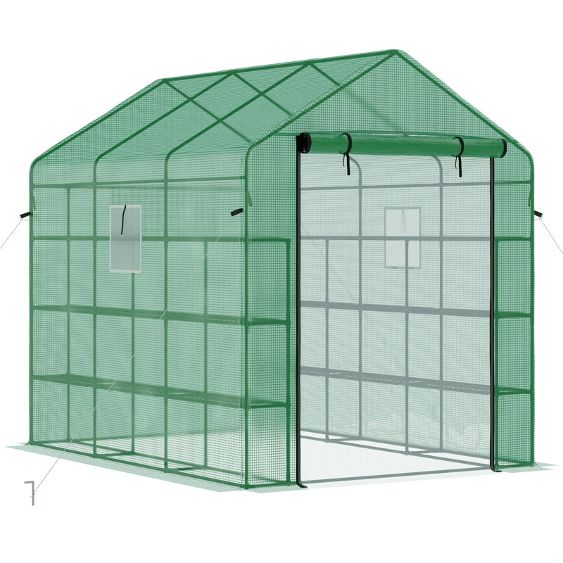 Walk-In Greenhouse With Mesh Door And Windows, 18 Shelf Hot House With Trellis, Plant Labels, UV Protective, Green