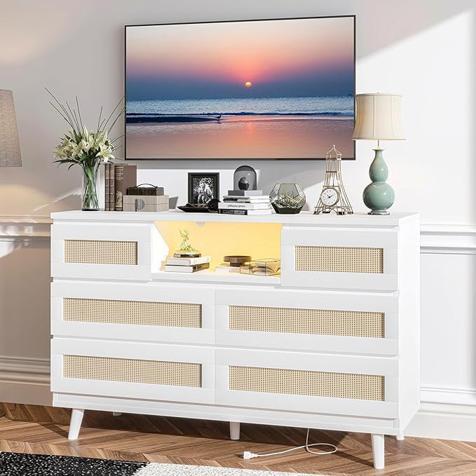 47" Wide Rattan Dresser with 6 Deep Drawers, LED Lighting & USB Charging Station - Modern Wood Storage Cabinet for Bedroom, Living Room, Entryway