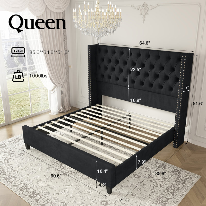 Black Velvet Queen Bed Frame with Tufted Upholstered Headboard
