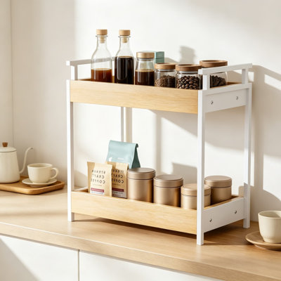Countertop Coffee Station Organizer, 2 Tier Wooden Shelf for Coffee Bar Accessories, Condiment Storage Caddy for Kitchen, Bathroom Counter Organizer, Home, Office - Natural Finish