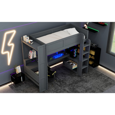 Lit mezzanine simple en bois avec bureau, tablettes multiples, DEL, unités de rangement multiples gris foncé, Hub