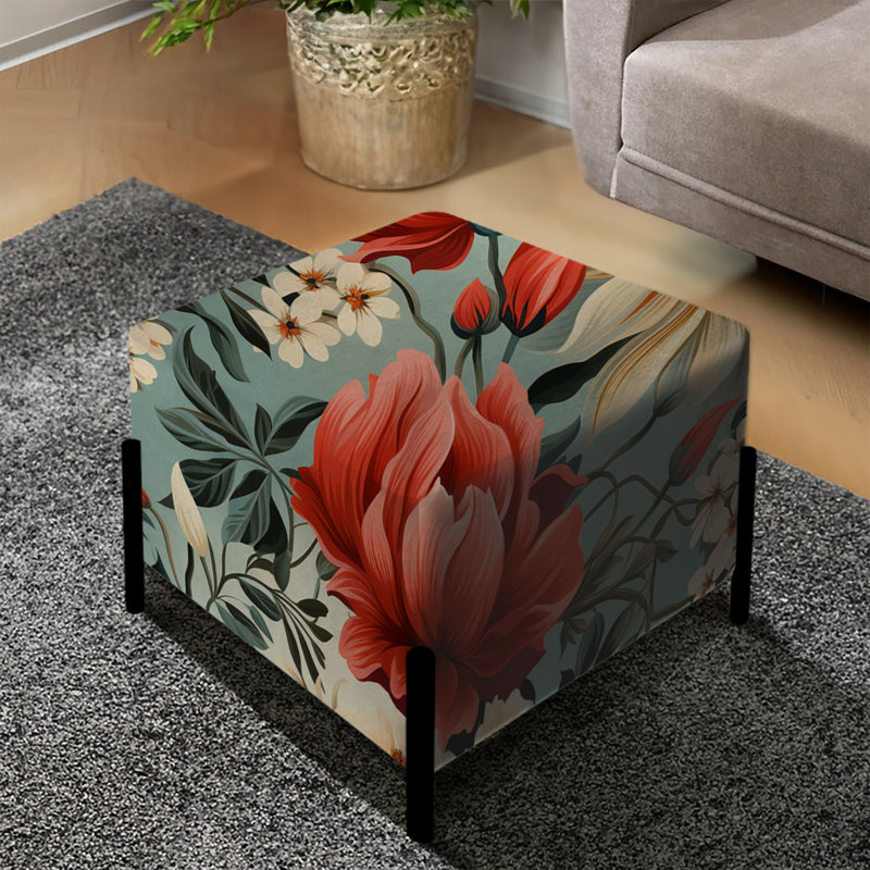 Repose-pieds carré rétro floral nostalgie beige et corail
