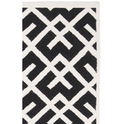 Rodgers Hand Woven Flat Weave Wool/Cotton Geometric Rug in Black/Ivory