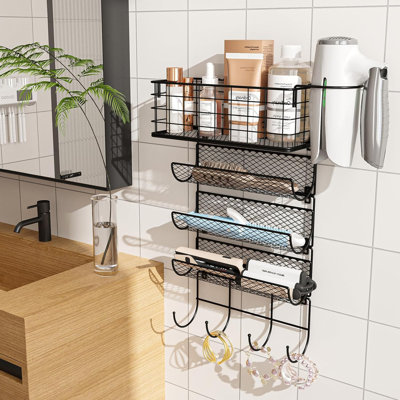 Wall-Mounted Hair Dryer Holder Styling Tool Organizer 4-Shelf Storage Wire Basket With Hook Heat Safe Rack For Hair Straighteners Black -  Rebrilliant, 6D61E8DE28BD4DB69727051BD42B7EB6