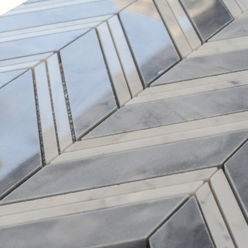 11" X 11.8" Herringbone Marble Polished Tile, Gray