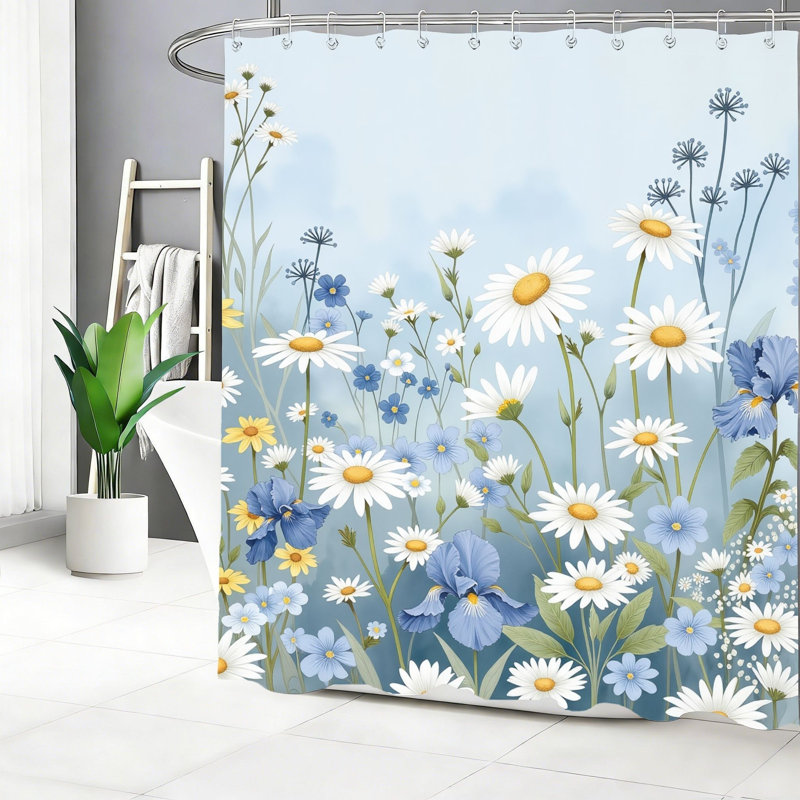 Rideau de bain Pastel Wildflower avec crochets, 72 po x 72 po (180 x 180 cm), bleu