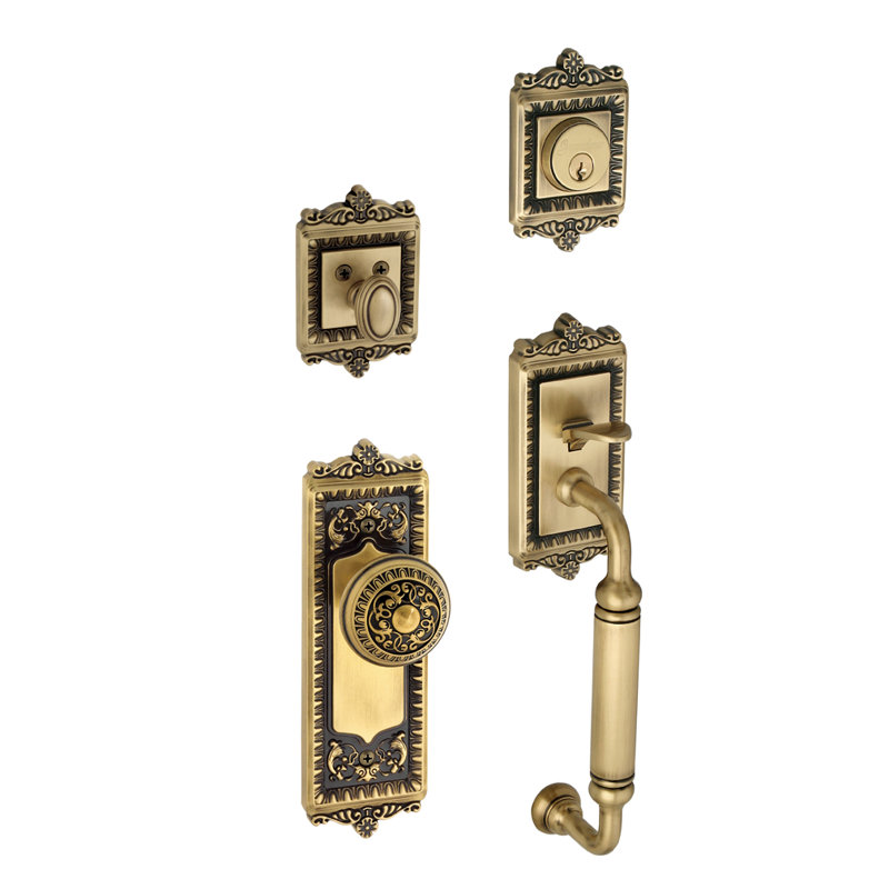 Windsor Handleset with Single Cylinder Deadbolt and Door Knob and Rosette, Vintage Brass, 2.75"