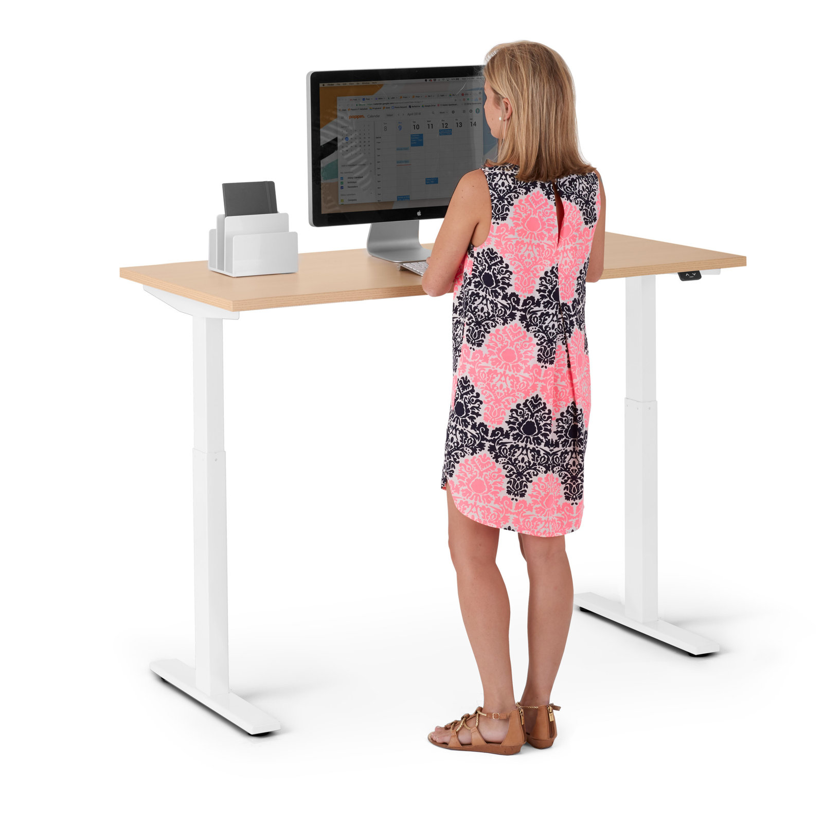 Series L Adjustable Height Standing Desk, Walnut/White, 48" H x 27" W x 57" D