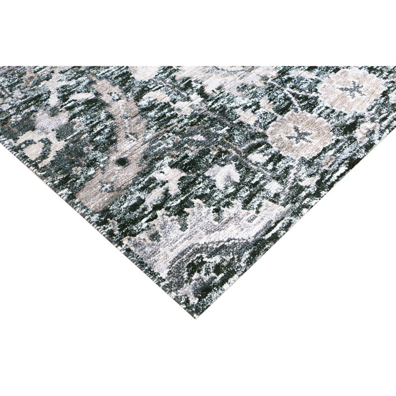 Hand Knotted Damask Area Rug in Black/White/Brown, Runner 2'6" x 6'