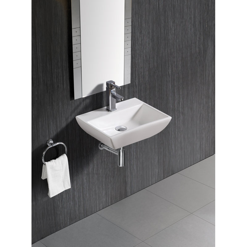 Compact White Ceramic Wall-Mount Rectangular Bathroom Sink