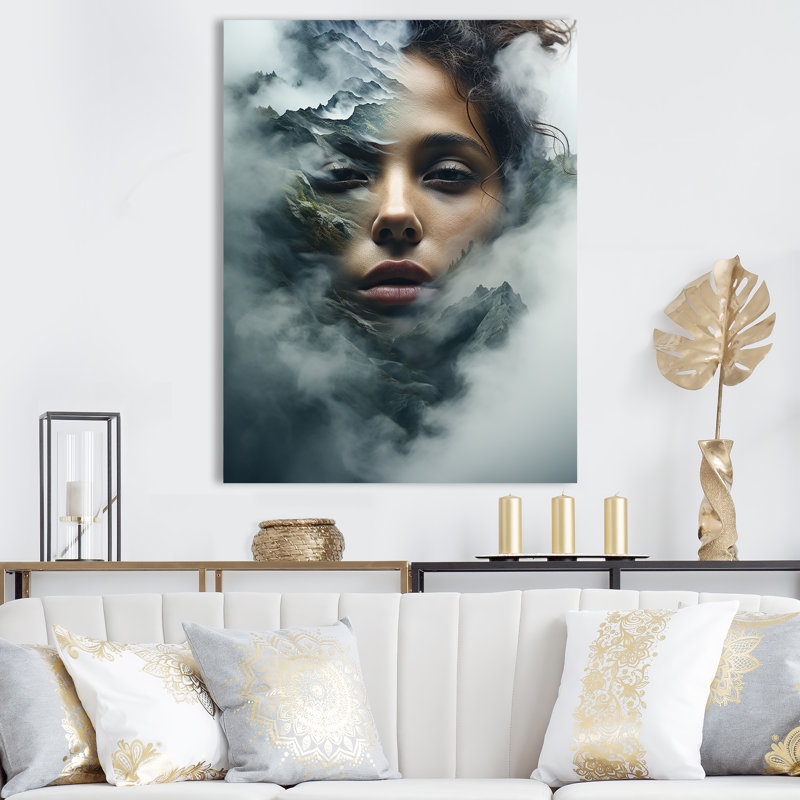 Double exposition «Woman and Mountain Echoes I» - art mural femme, Toile tendue, H 32 po x l 16 po