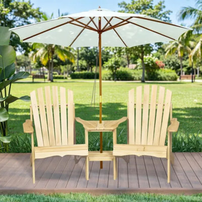 Banc Adirondack 2 places en bois de sapin avec table d'appoint centrale et trou pour parasol, siège pour foyer extérieur de patio