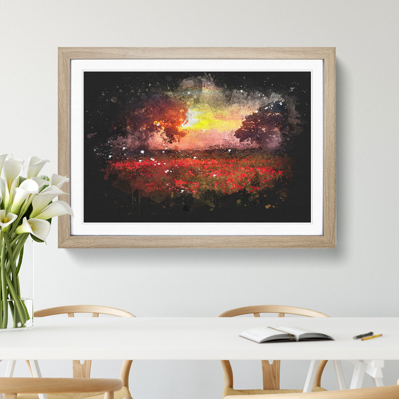 Poppy Meadow - Single Picture Frame Print on MDF, 33cm H x 45cm W x 2cm D, Oak Framed