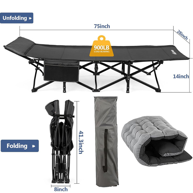 Portable Folding Heavy Duty Camping Cots Sleeping Cot with Carry Bag and 3" Mattress 900 LBS, Black