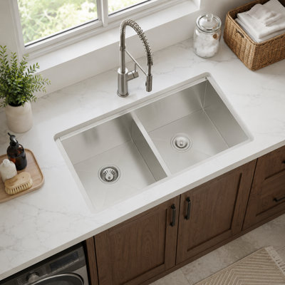 33 Inch Undermount 50/50 Double Bowl Kitchen Sink, 33"L x 19"W x 10"H, Heavy‑Duty 16‑Gauge T‑304 Stainless Steel, Two 10‑Inch Deep Basins for Residential Kitchen Food Prep & Cleaning