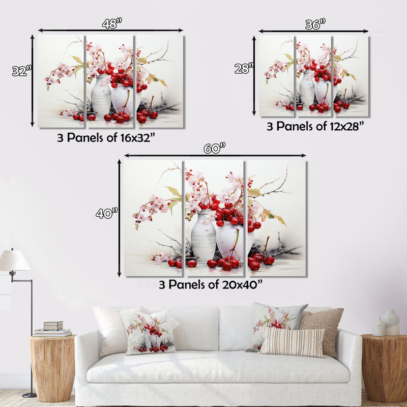 Décoration murale cerise simplicité - fruits, H 34 po x l 44 po x P 1,5 po, Cadre flottant blanc