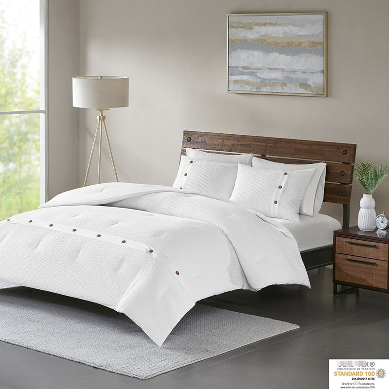 Édredon blanc tissé gaufré en coton - 3 pièces, lavable à la machine, boutons décoratifs en bois élégants pour une chambre à coucher fraîche 100% literie de charme