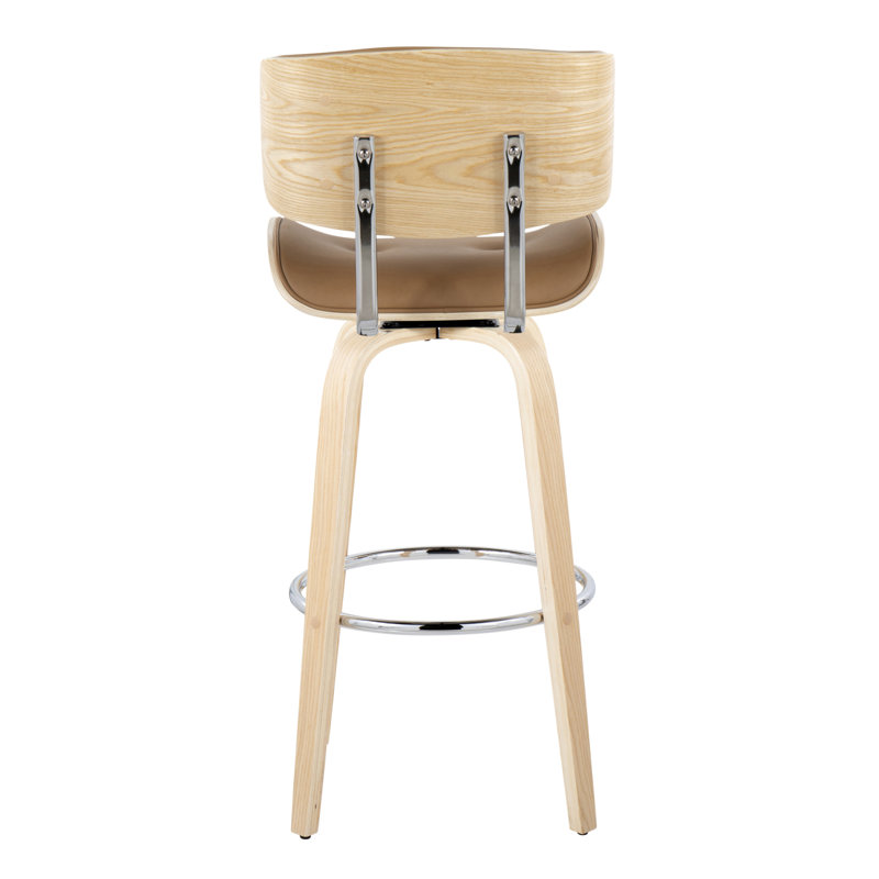 Lombardi 30" Mid-Century Modern Fixed-Height Barstool With Swivel In Natural Wood And Camel Faux Leather With Round Chrome Metal Footrest By Lumisource - Set Of 2