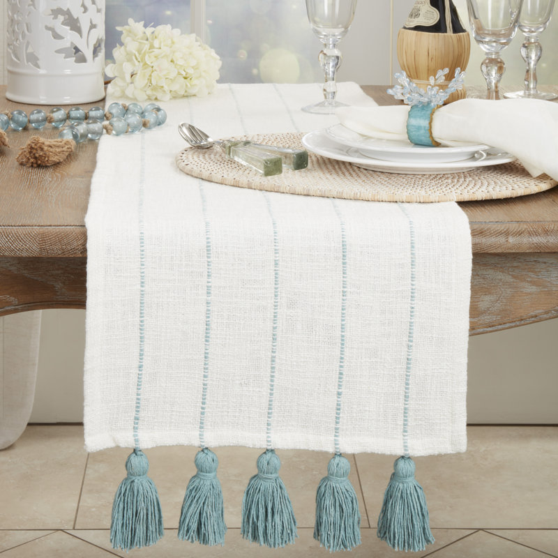Mint and White Cotton Tassel Stripe Table Runner