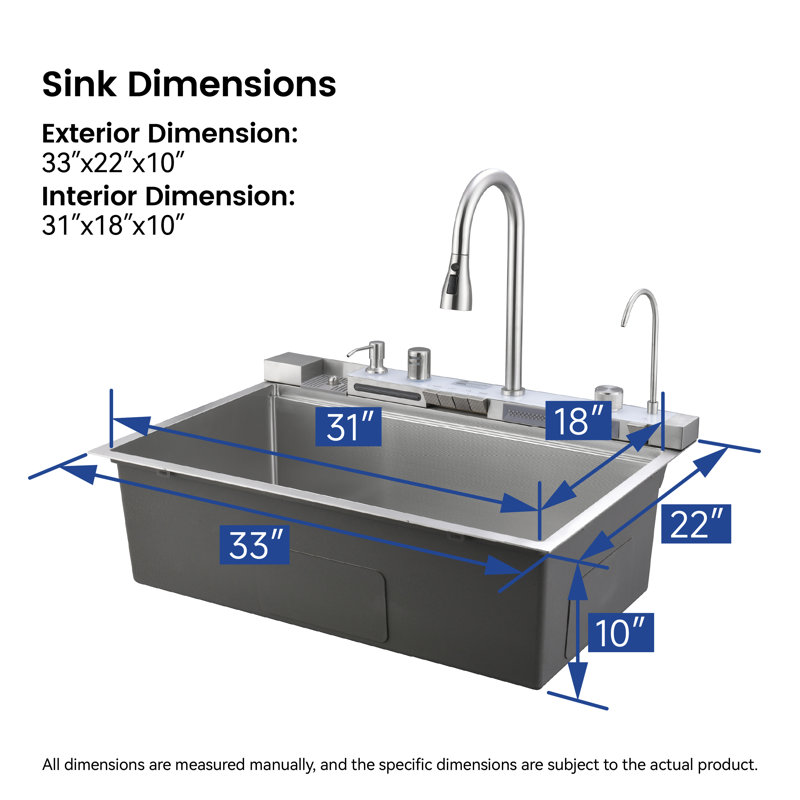 Évier de cuisine 33 po x 22 po Smart Waterfall avec affichage numérique, robinet baleine et laveuse à gobelets - évier à simple cuve en acier inoxydable