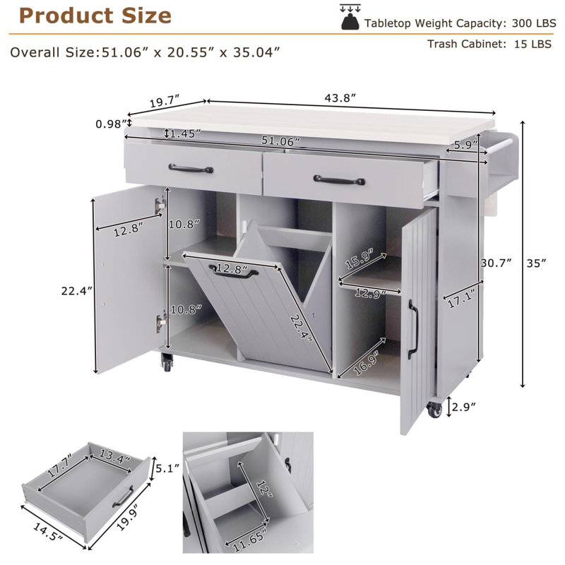 Îlot de cuisine avec armoire de rangement, poubelle, support à épices et tiroir, Gris