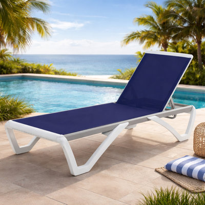 Kozyard Outdoor Chaise Lounge Chair, Full Flat Adjustable Patio Lounger with Aluminum Frame & Resin Legs, Textilene Fabric for Poolside, Backyard & Beach (NavyBlue, W/O Table) 
