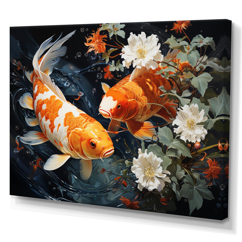 Asian Art Koi Dance II - reproduction d'art, H 12 po x l 20 po x P 1 po, Toile tendue