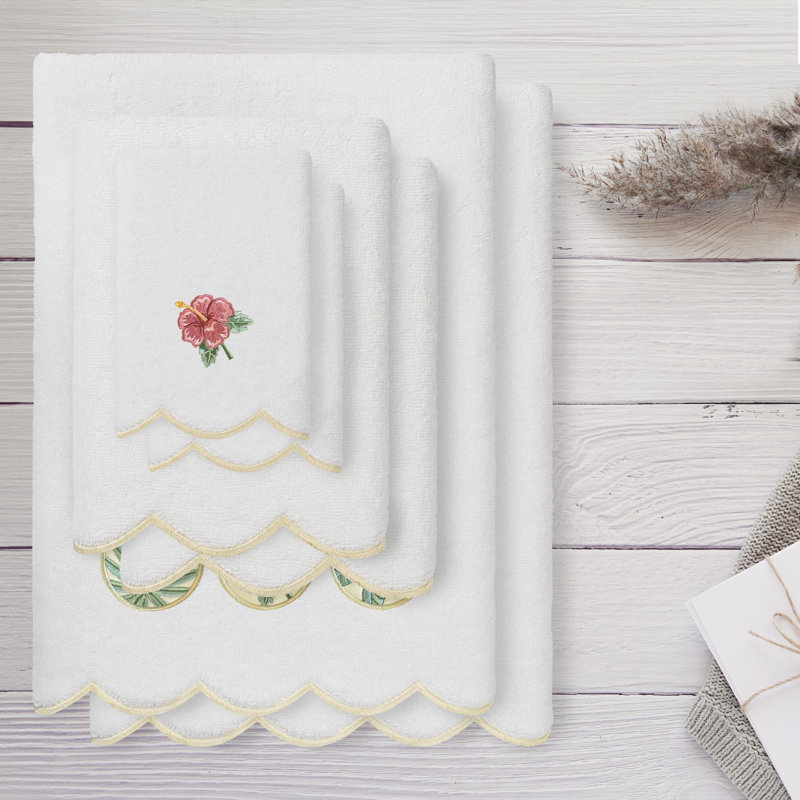  Ensemble de serviettes 100% coton turc MAUI festonné 6 pièces, Blanc / beige, Ensemble 6 serviettes de bain