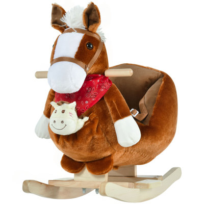 Qaba Kids Ride-On Rocking Horse Toy, Rocker With Lullaby Song, Hand Puppets & Soft Plush Fabric For Children 18-36 Months