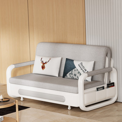 With Side Pockets And Hidden Storage, Pull Out Sofa Bed, Removable Cotton Linen Fabric, Comes With 2 Throw Pillows, Tufted Comfortable Backrest, Grey