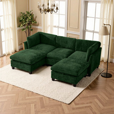 Canapé modulaire de rangement en U avec 3 sièges et 2 repose-pieds, tissu chenille, L 96,5 po