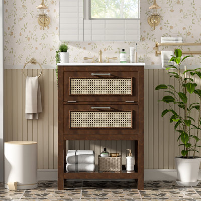 Meuble-lavabo de 24 po avec lavabo encastré, concept élégant et peu encombrant, tiroir à une extrémité pour faciliter l'accès, fabrication, fonctionnement en douceur, compatibilité de robinet de 4 po, brun foncé moderne