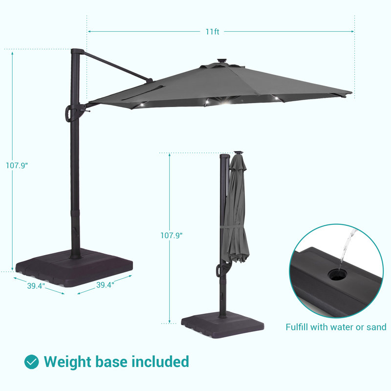 Parasol en porte-à-faux à DEL en aluminium 11 pi avec base pour terrasse, Gris foncé