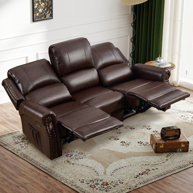 84.65'' Wide Faux Leather Nailhead Electric Reclining Sofa With USB & Type-C Ports, Vintage Style, Rustic Brown