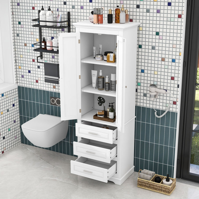 Bathroom Cabinet with 3 Drawers and Adjustable Shelves, White, 69.6" H x 23.8" W x 15.5" D