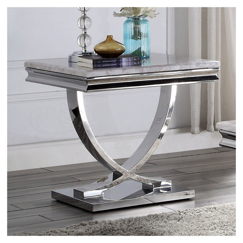 Table de bout 1Pc de style moderne glam 18mm en faux marbre sur le socle de la table basse en acier inoxydable avec structure en métal - non incluse
